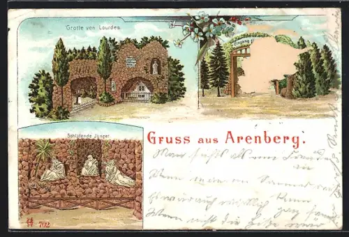 Lithographie Arenberg, Grotte von Lourdes, Schlafende Jünger, Eingang zur Grotte