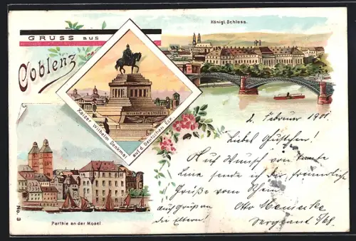 Lithographie Coblenz, Kaiser-Wilhelm-Denkmal, Königl. Schloss, Partie an der Mosel