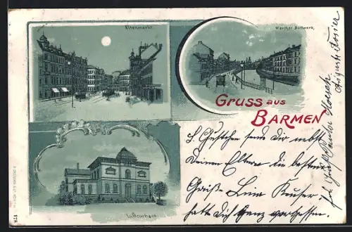 Mondschein-Lithographie Barmen, Altermarkt, Werther Bollwerk, Luftkurhaus