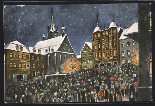 Künstler-AK Pössneck, Weihnachts- und Silvesterbrauch auf dem Marktplatz