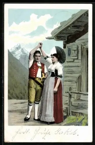 AK Appenzeller Trachten, junges Paar in Trachtenkleidung vor einer Berghütte