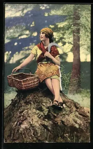 AK Schweiz, Costumi Ticinesi, Frau mit Sichel