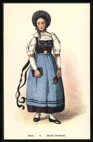 Künstler-AK Frau in Trachtenkleid mit Buch aus dem Wehntal bei Zürich