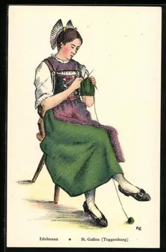 Künstler-AK St. Gallen, Schweizern bei der Strickarbeit