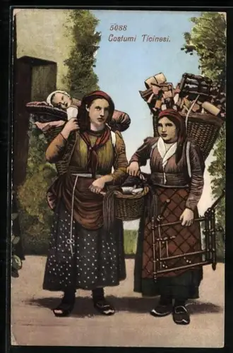 AK Tessin, Costumi Ticinesi, Zwei Frauen in Tracht mit Kind