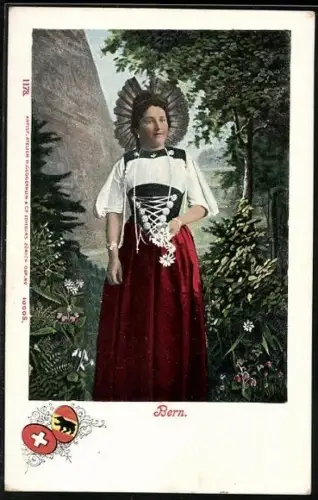 AK Bern, Frau in Tracht mit Alpenblumen