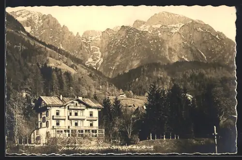 AK Berchtesgaden, Hotel und Restaurant Erika vor Alpenpanorama
