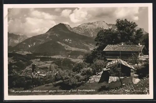 AK Berchtesgaden, Alpengaststätte Hochlenzer, Blick auf Untersberg und Berchtesgaden