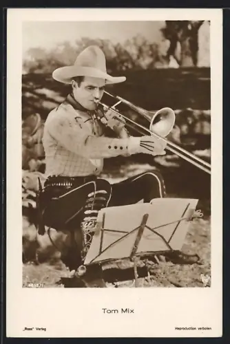 AK Schauspieler Tom Mix spielt Posaune