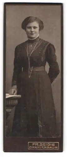 Fotografie Fr. Seidig, Oranienbaum, Junge Frau in elegantem Kleid