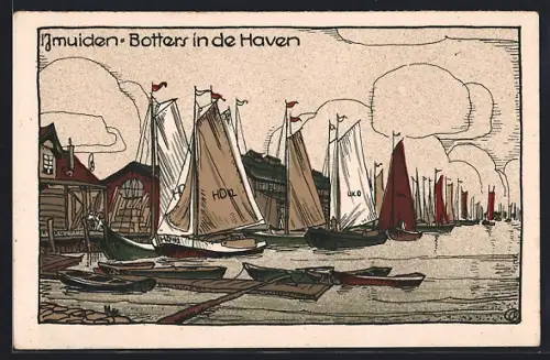 Künstler-AK Ijmuiden, Botters in de Haven