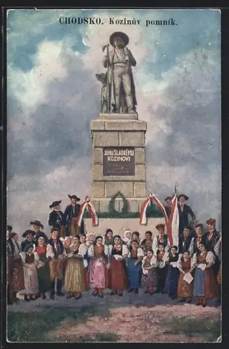 AK Chodsko, Kozinuv pomnik, Denkmal mit Menschen im Vordergrund