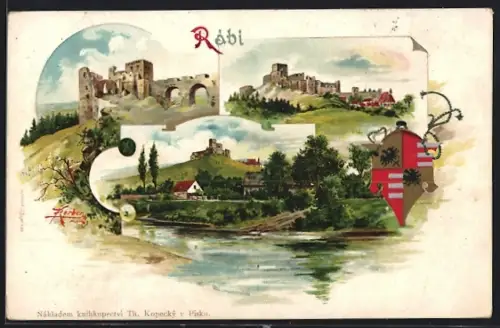 Künstler-Lithographie Rábi, Burgruine, Ortschaft mit der Ruine, Wappen