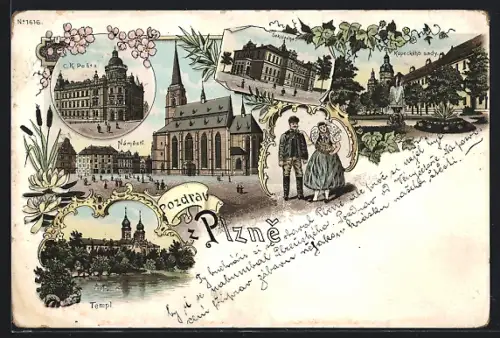 Lithographie Pilsen, Synagoge, Ringplatz, Paar in Tracht