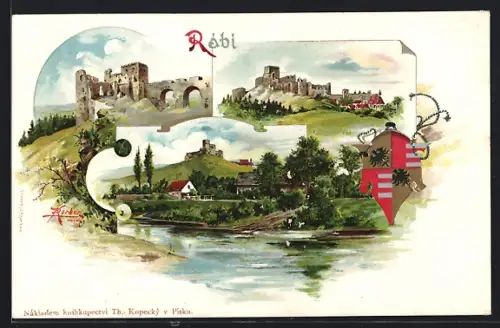 Künstler-Lithographie Rábi, Burgruine, Ortschaft mit der Ruine, Wappen