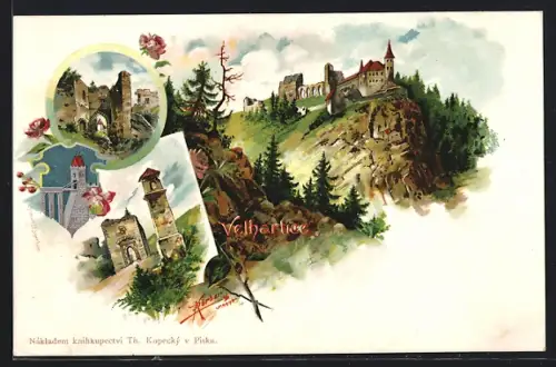 Künstler-Lithographie R. Körber: Velhartice, Burg und Wappen