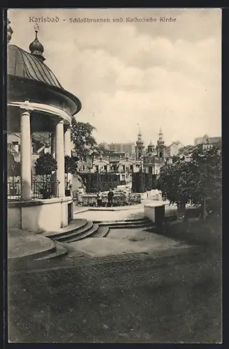 AK Karlsbad, Schlossbrunnen und Katholische Kirche
