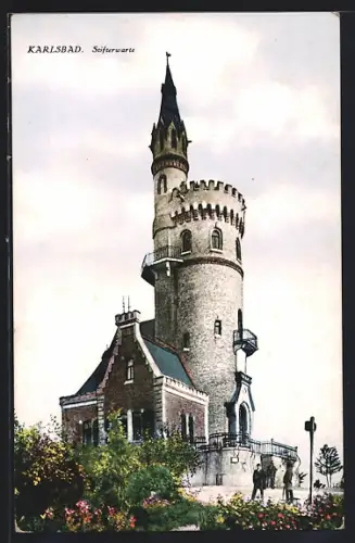 AK Karlsbad, Stifterwarte mit Besuchern