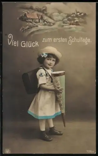 Foto-AK NPG Nr. 705/1: Mädchen mit Schultüte, Landschaft, Glückwunsch zum ersten Schultag
