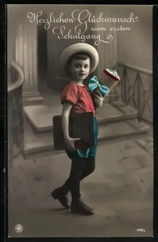 Foto-AK NPG Nr. 409/4: Knabe mit Schultüte und Ranzen, Glückwunsch zum ersten Schulgang