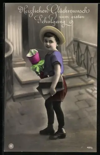 AK Kind mit Schultüte und Büchern unter dem Arm, Schulanfang