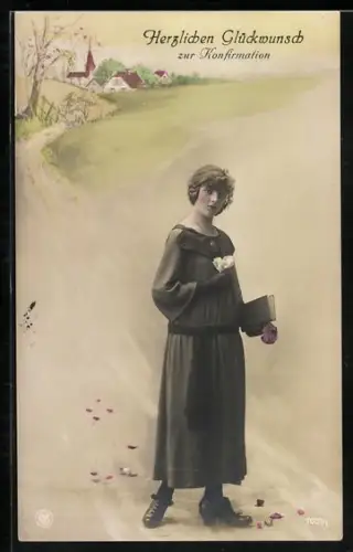 Foto-AK NPG Nr. 7601/1: Konfirmandin mit Gesangsbuch, Glückwunsch zur Konfirmation