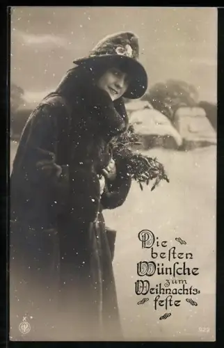 Foto-AK NPG Nr. 922: Junge Dame im Mantel bei Schneefall, Weihnachtsgruss
