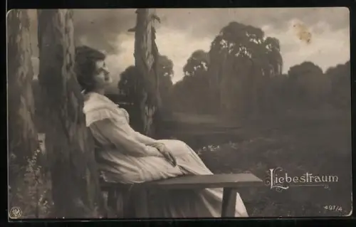 Foto-AK NPG Nr. 497/4: Liebestraum, Junge Dame in Parklandschaft