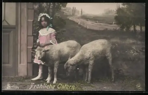 Foto-AK NPG Nr. 2703/2: Kleines Mädchen und Schafe vor Landschaftskulisse, Ostergruss