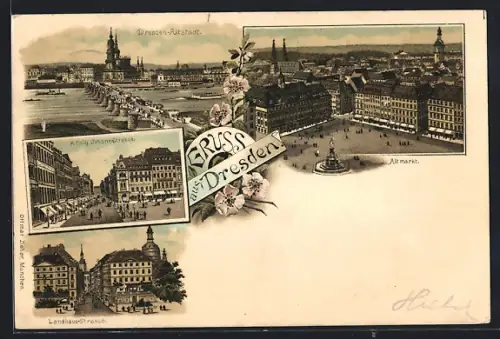 Lithographie Dresden, Altmarkt, König Johann-Strasse, Landhaus-Strasse