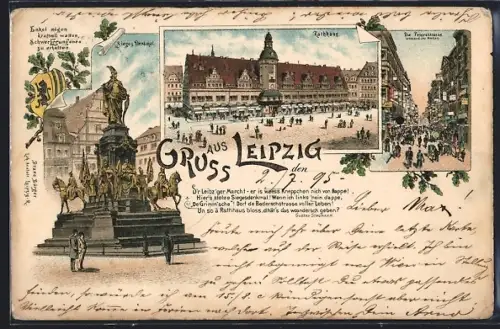 Vorläufer-Lithographie Leipzig, 1895, Rathaus, Siegesdenkmal, Peterstrasse während der Messe