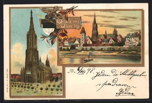 Lithographie Ulm / Donau, Teilansicht, Münster