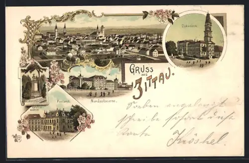Lithographie Zittau, Panorama, Mandaukaserne, Postamt & Johanneum