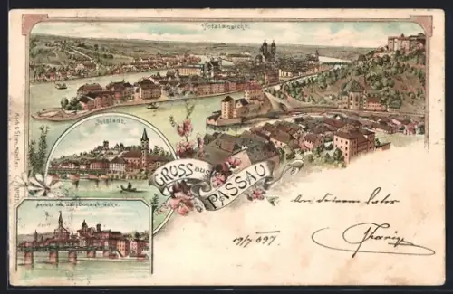 Lithographie Passau, Innstadt, Totalansicht und Ansicht von der Donaubrücke