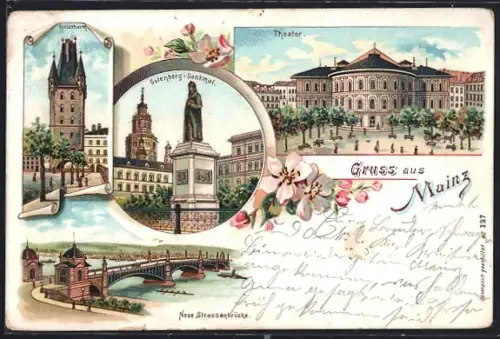 Lithographie Mainz, Theater, Holzturm, gutenberg-Denkmal und Strassenbrücke