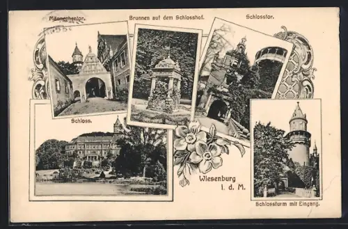 AK Wiesenburg / M., Männechentor, Brunnen auf dem Schlosshof, Schlosstor, Schlossturm