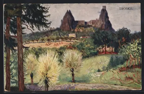 Künstler-AK Trosky, Ruine und Landschaft
