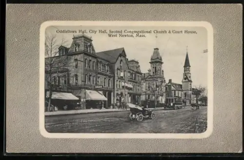 AK West Newton, MA, Oddfellows Hall, City Hall, Second Congregational Church and Court House