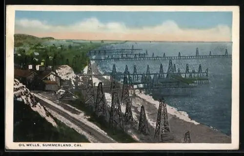 AK Summerland, CA, Oil wells at the shore