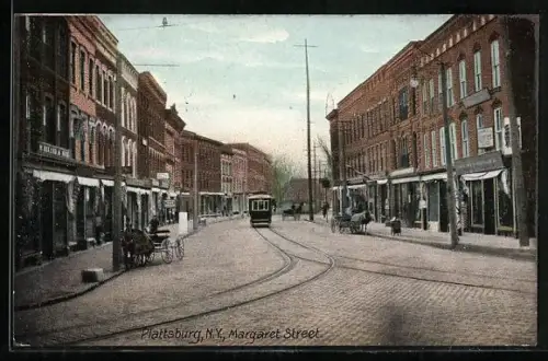 AK Plattsburg, NY, Margaret Street, tramway