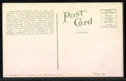 AK Washington D.C., Continental Memorial Hall, Home of the Society of the Daughters of the American Revolution