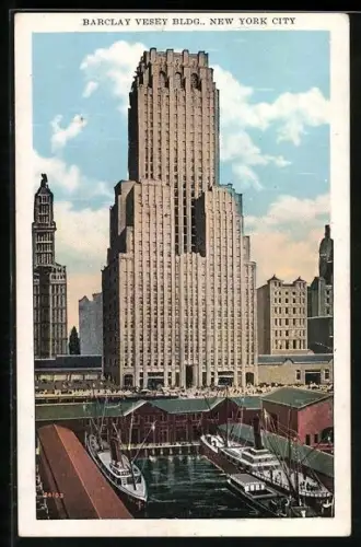 AK New York, NY, Barclay Wesey Building, piers with cargo ships