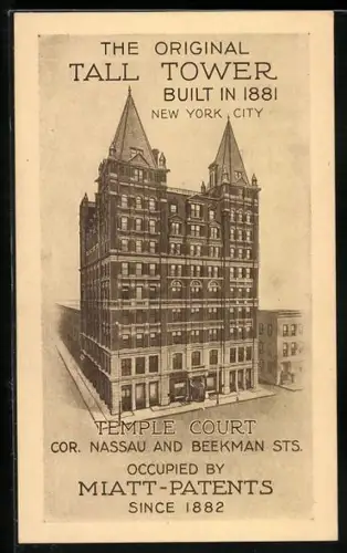 AK New York, NY, The original Tall Tower built in 1881, Temple Court, cor. Nassau and Beekman Streets