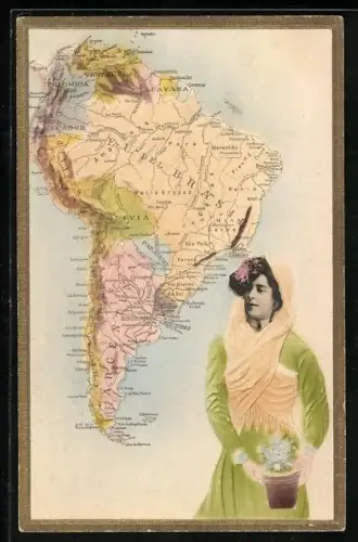 Relief-AK Brasilien, Landkarte des südamerikanischen Kontinents mit Gebirgszügen