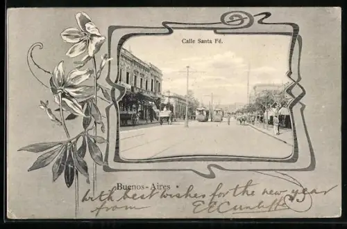 Lithographie Buenos-Aires, Calle Santa Fé, Strassenbahn, Passepartout