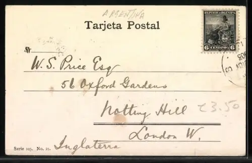 Lithographie Buenos-Aires, Calle Santa Fé, Strassenbahn, Passepartout