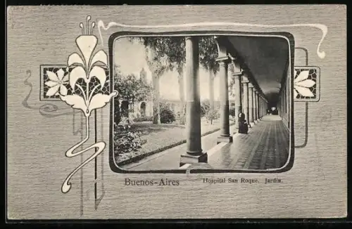 Lithographie Buenos-Aires, Hosppital San Roque, Jardin, Passepartout