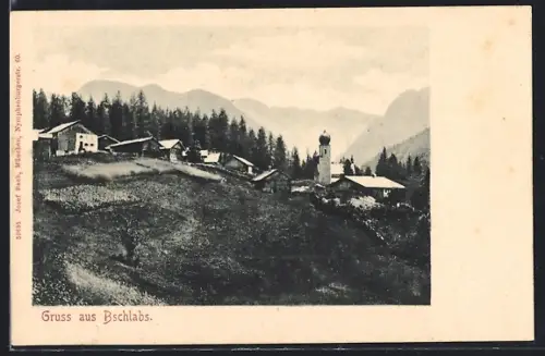 AK Pfafflar, Gruss aus Bschlabs, Ortsansicht mit Kirchturm