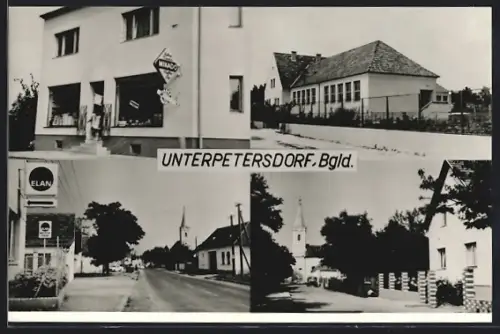 AK Horitschon, Unterpetersdorf, Kaufhaus Binder, Strassenpartie mit Kirche u. Elan-Geschäftsschild