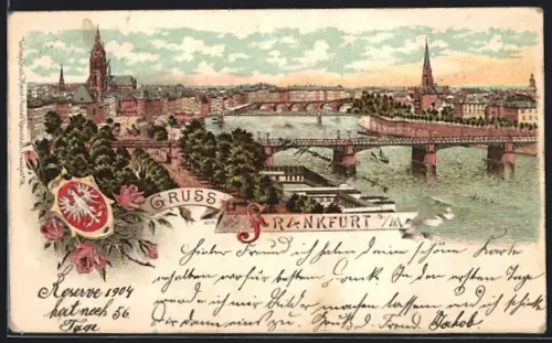 Lithographie Frankfurt a. M., Mainbrücke, Dom, Stadtpanorama